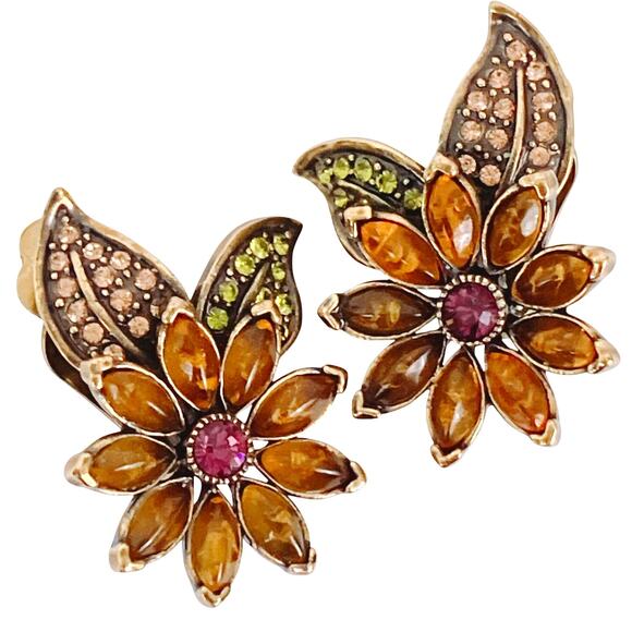 Signed Heidi Daus Pink Swarovski Crystal & Faux Amber Floral Clip On Earrings - Picture 1 of 12